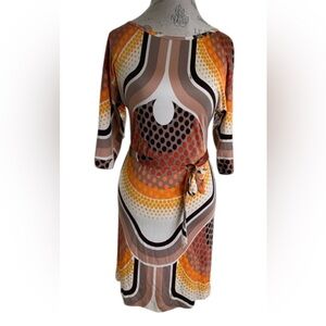 Trina Turk Silk Dress Women 2 Geometric Mod Print Keyhole Sheath Tie Waist